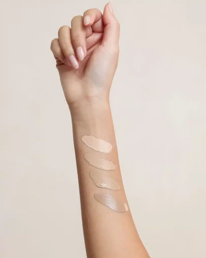 Four foundation swatches in fair to light shades on a person's inner forearm